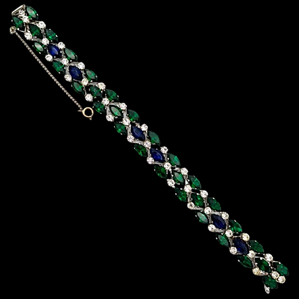 Vintage Austria Bracelet, Emerald Green, Sapphire Blue & Clear RS Signed Austria